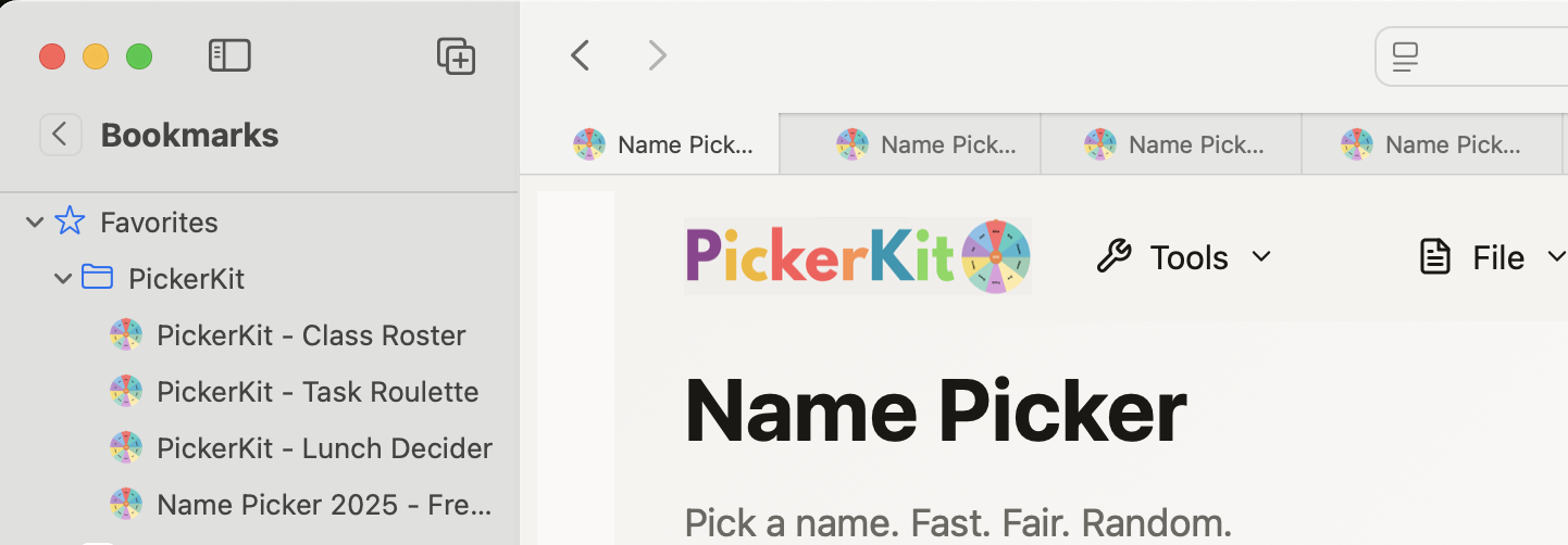 Browser bookmark folder showing organized PickerKit configurations for quick access
