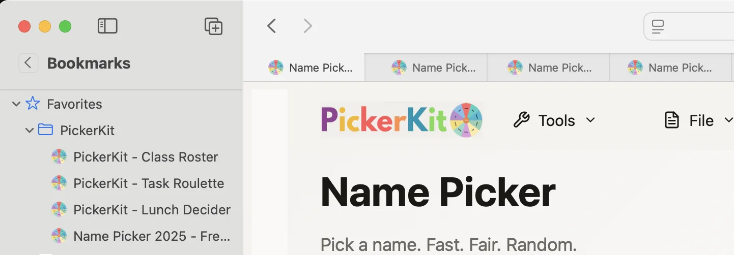 Browser bookmark folder showing organized PickerKit configurations for quick access
