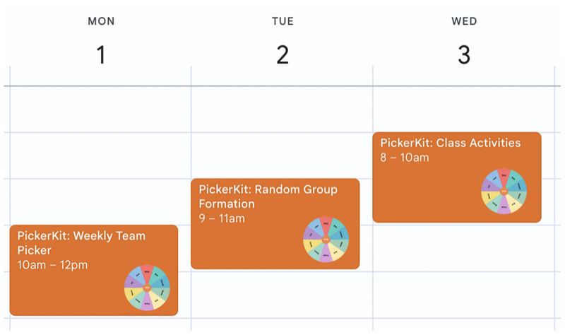 Calendar interface showing PickerKit links embedded in scheduled events for automatic reminders