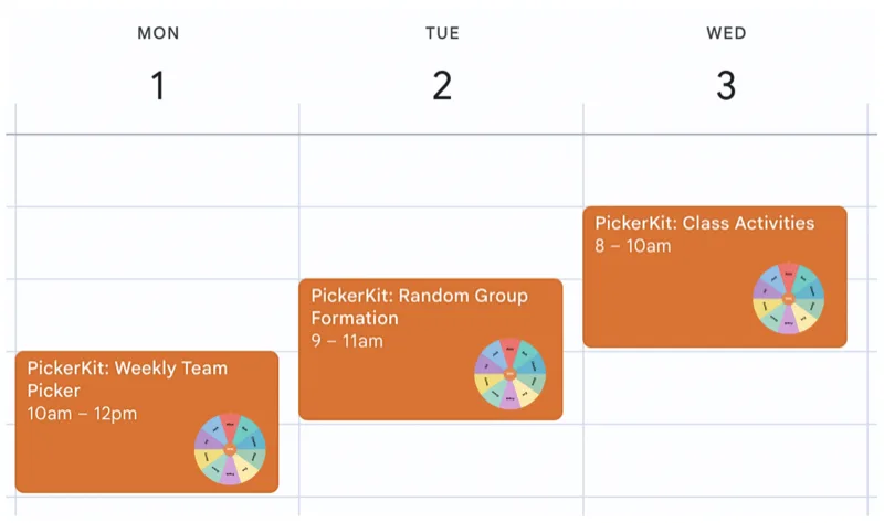 Calendar interface showing PickerKit links embedded in scheduled events for automatic reminders