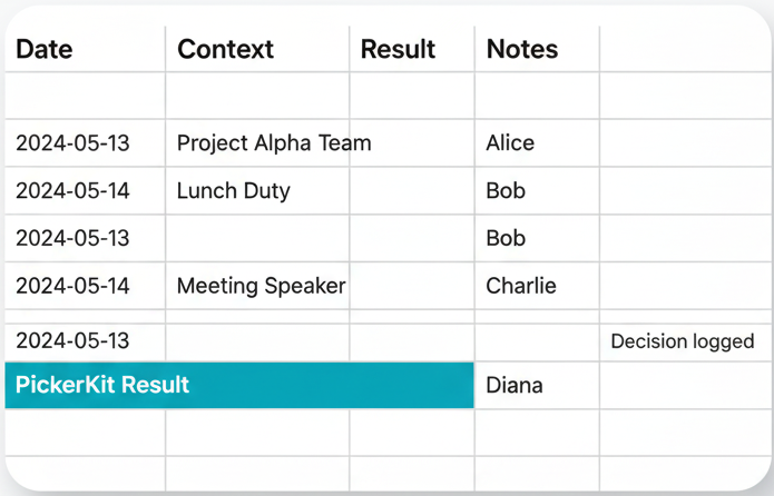 Documentation system showing organized screenshots and logs of PickerKit selections for accountability and analysis
