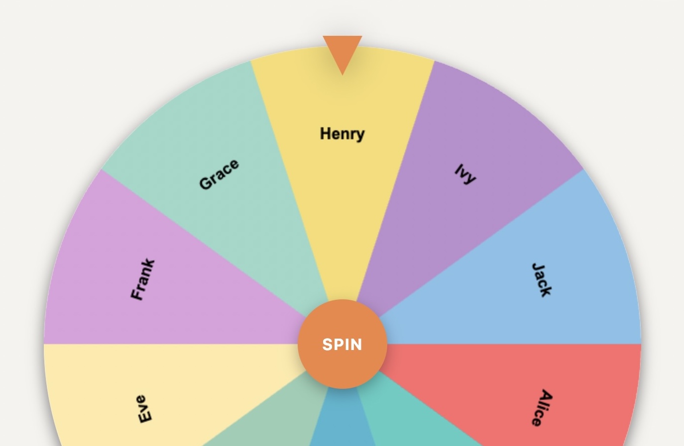 Colorful PickerKit Name Picker wheel with names like Ivy, Jack, Alice, Bob in vibrant sectors, showing random data selection tool