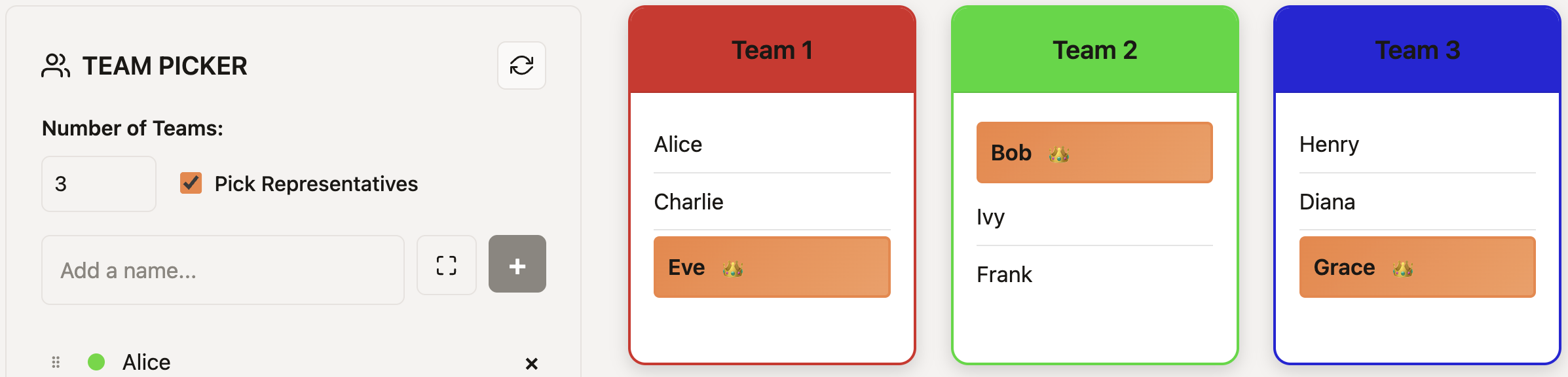 Team Picker with Representatives