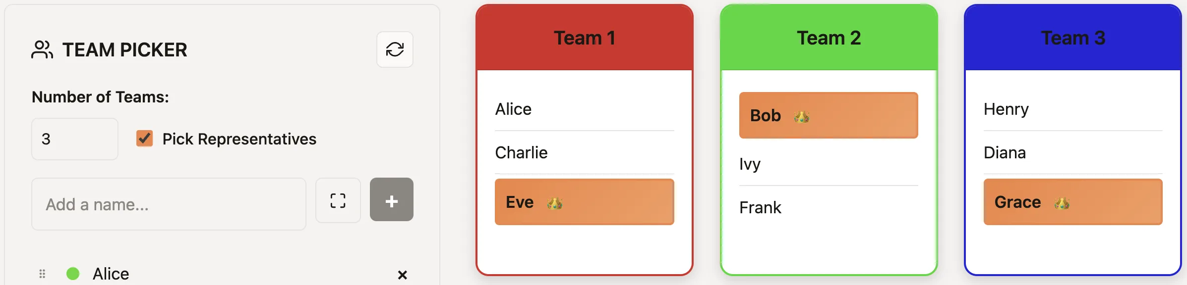 Team picker results with representatives highlighted